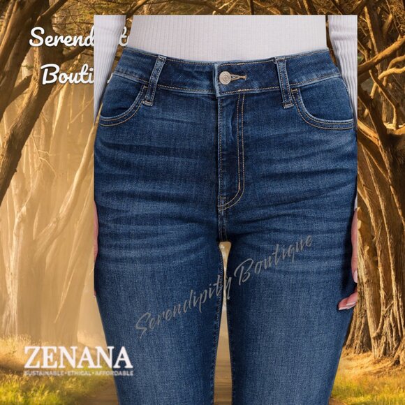 Zenana Super Stretch Skinny High Rise Lightly Distressed Dark Wash Denim Jeans - Picture 3 of 11